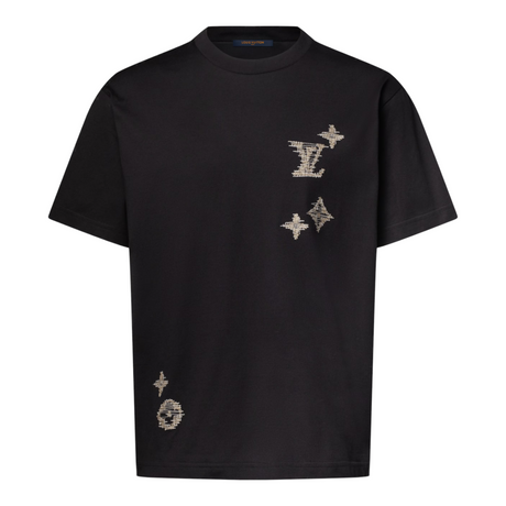 LOUIS VUITTON EMBROIDERED SIGNATURE SHORT-SLEEVED MEN BLACK T-SHIRT