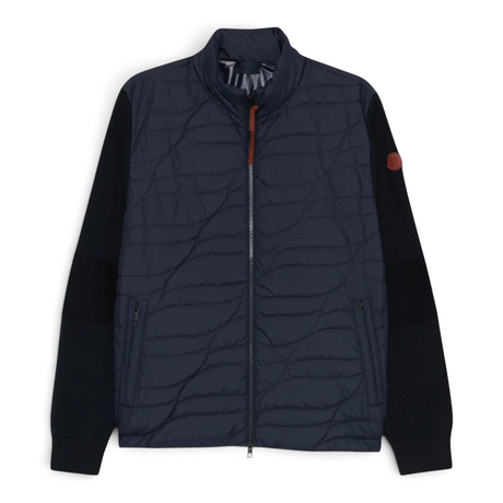 e-Outlet Moncler navy blue quilted jacket with long sleeves, ribbed knit detailing, and front zip closure.