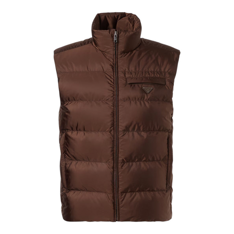 e-Outlet Prada Re-Nylon brown quilted down vest with zipped front and chest logo plaque
