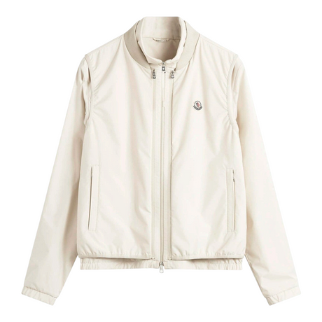 e-Outlet Moncler Hemmoor beige polyester jacket with removable gilet, funnel neck, and zip closures.
