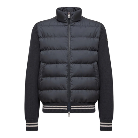 e-Outlet Moncler navy blue padded cotton cardigan jacket with a high collar and striped ribbed hem and cuffs.