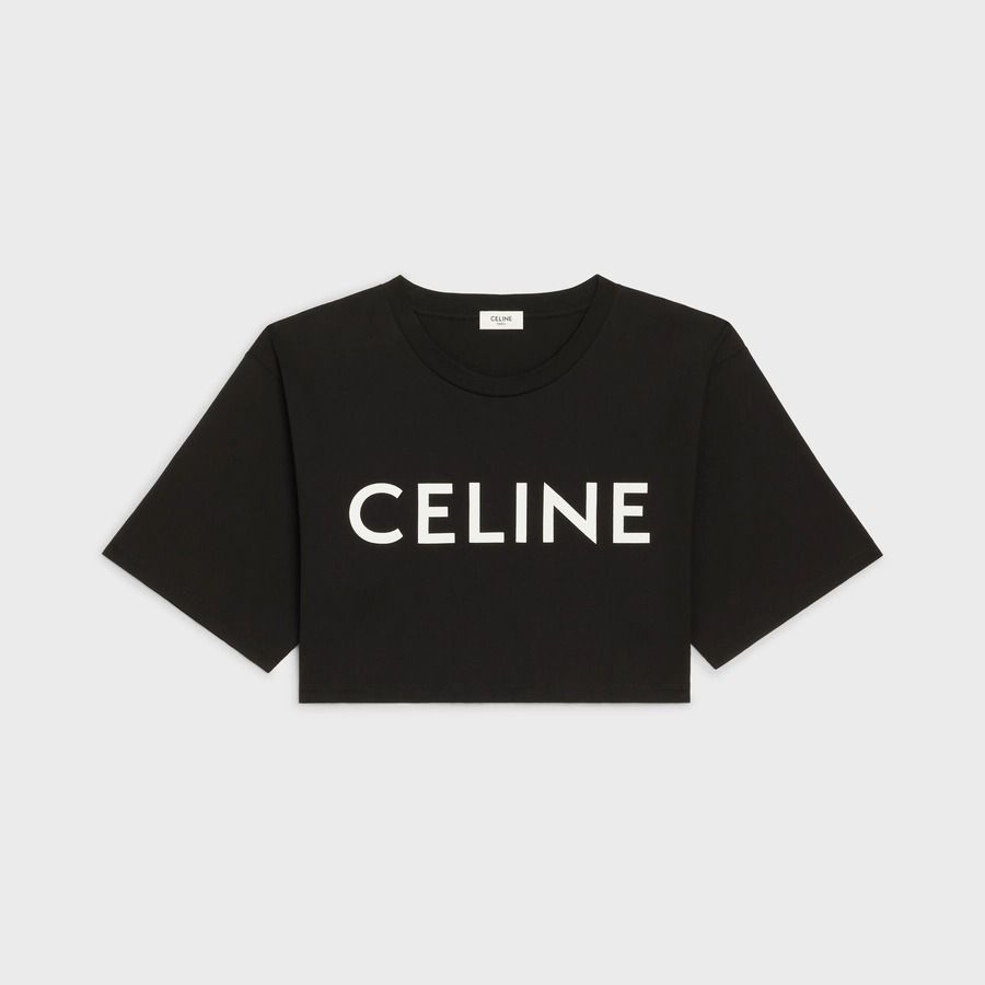 Celine Graphic Print Scoop Neck Crop Top - Black Tops, Clothing - CEL284720